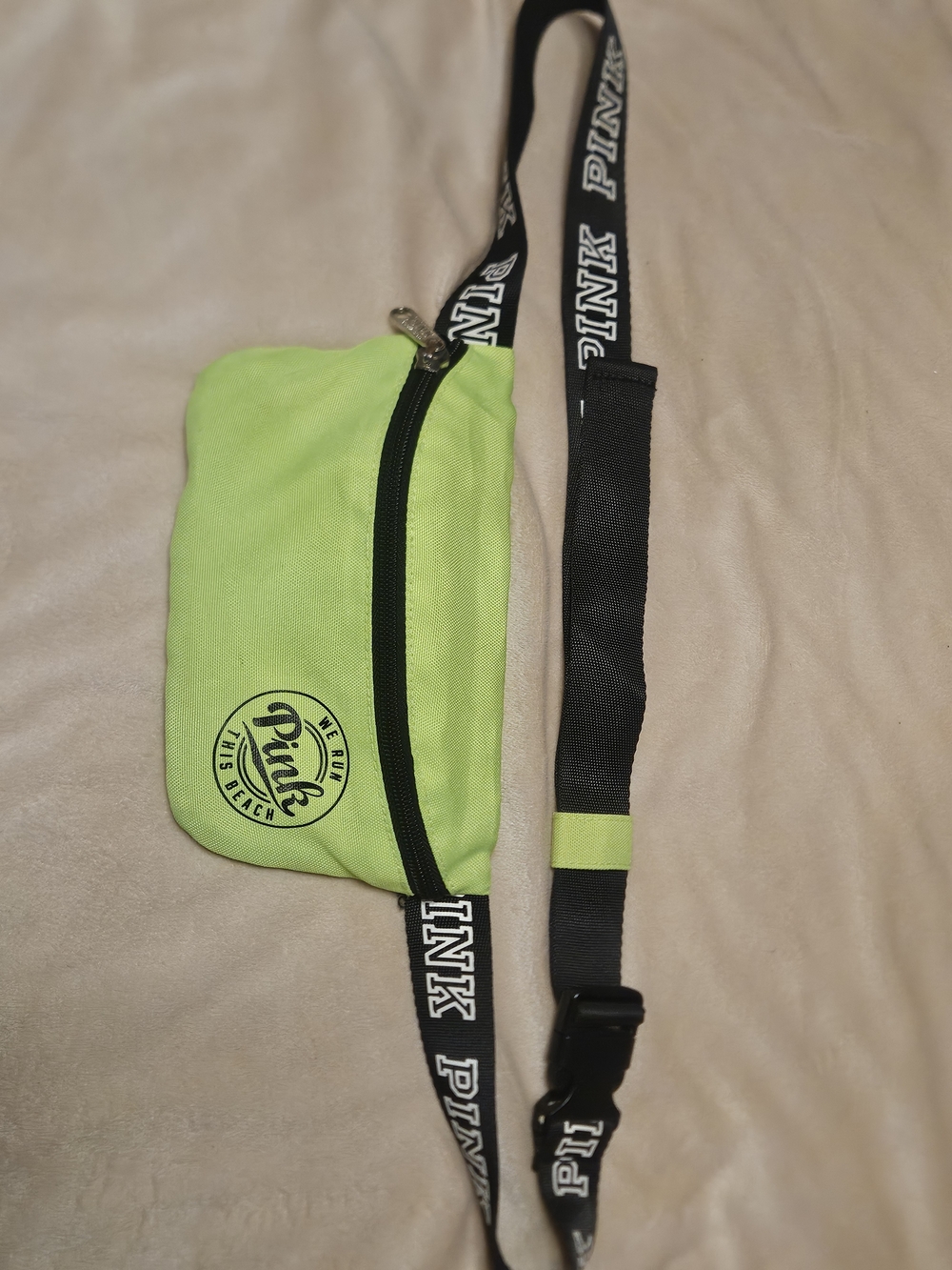 PINK Victoria's Secret Neon Lime Belt Bag with Branded Black Strap